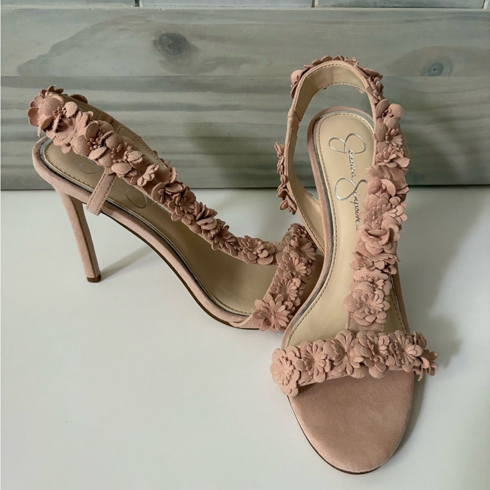 Jessica Simpson Blush Pink Floral Appliqué Stiletto Heels